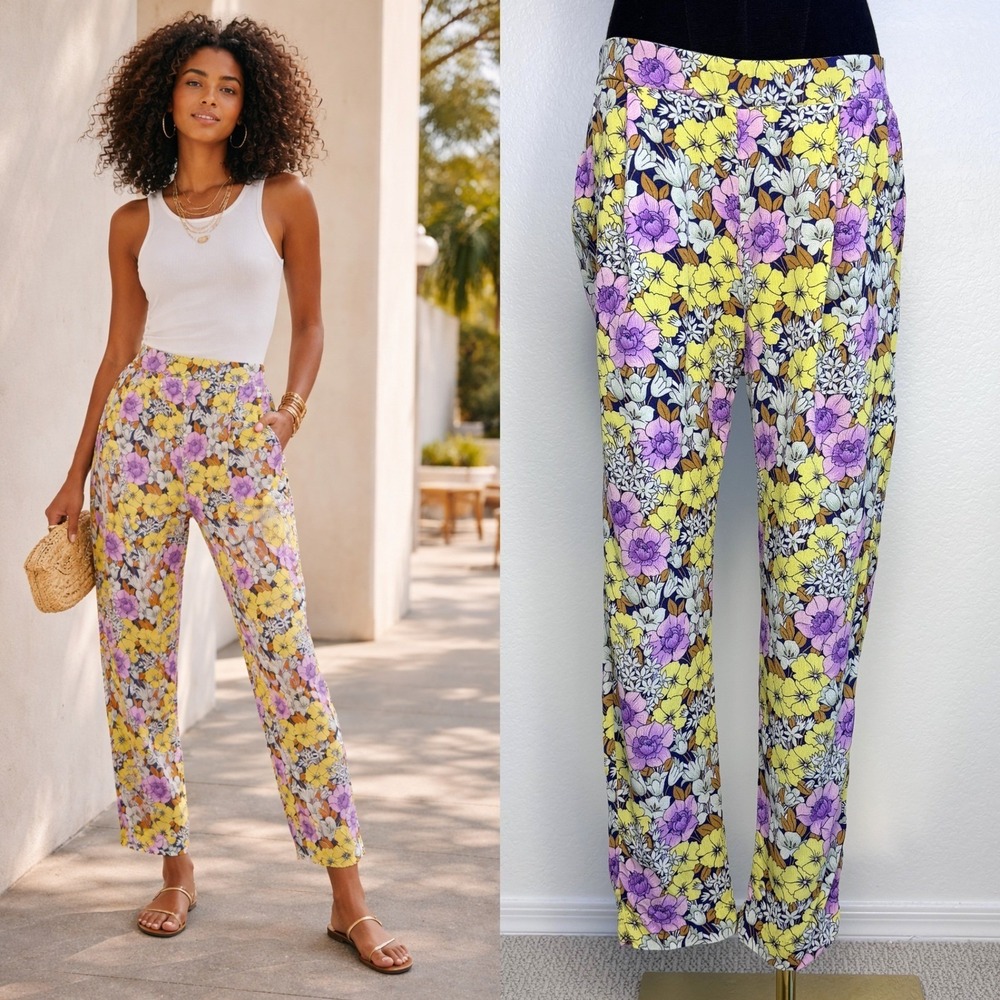 Leifnotes Anthropologie Floral Tapered Pants, Chiffon trouser Size 6, yellow